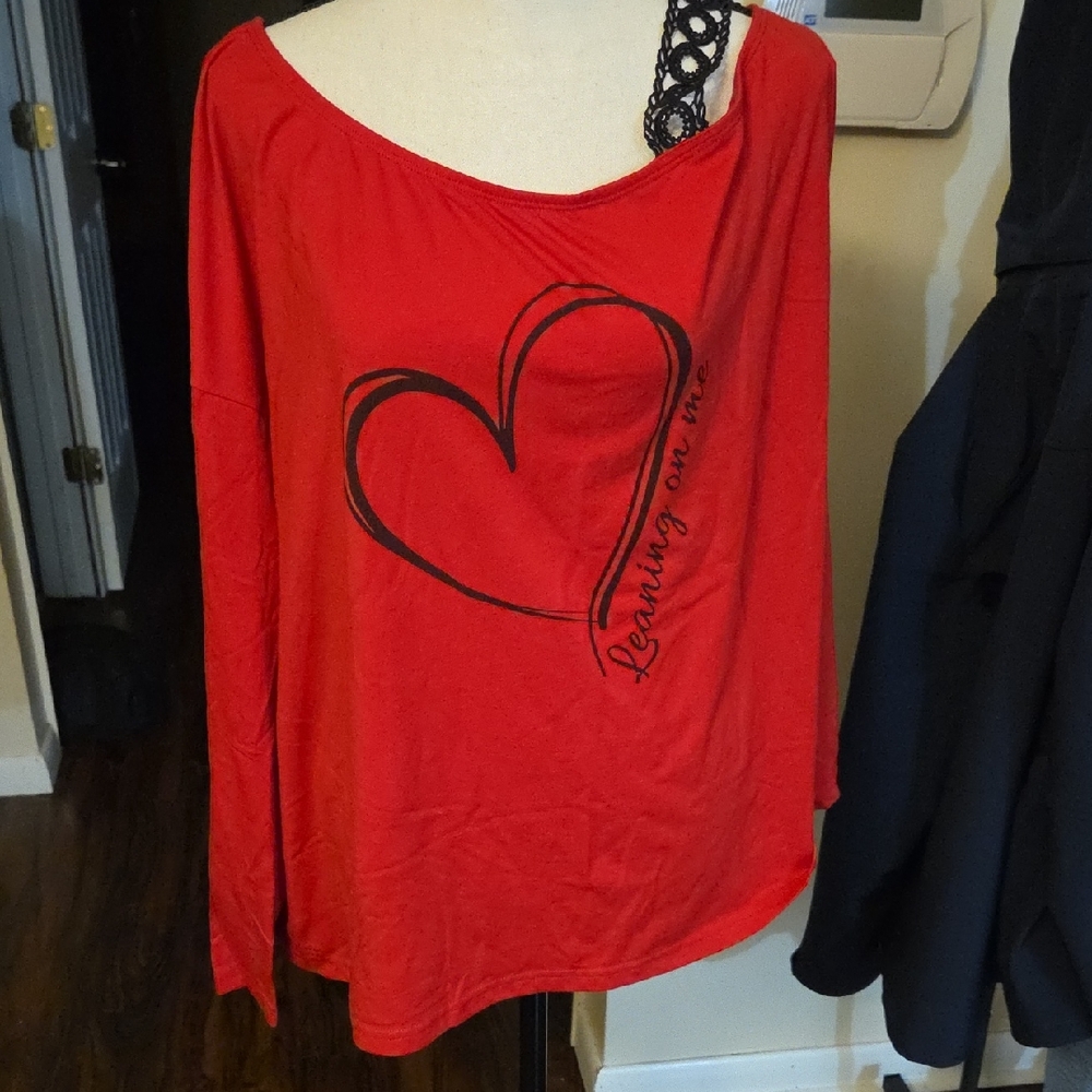 SHEIN Red Long-Sleeve Top with Black Heart Graphic